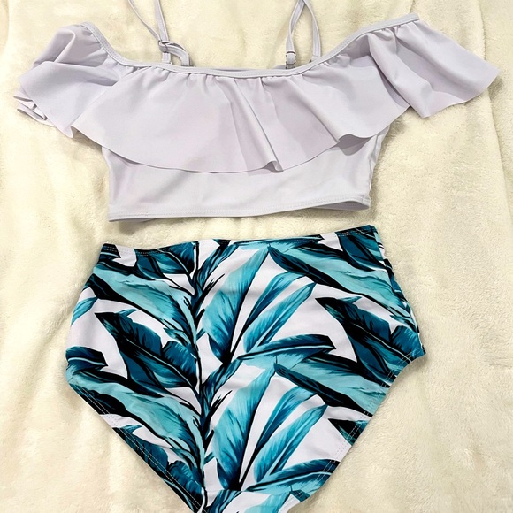 2- piece bathing suit, white ruffle off shoulder top with tropical bottoms. - Picture 2 of 2